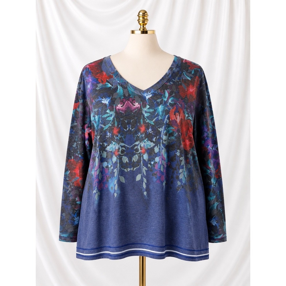 Soft Surroundings Pullover Top Soft Knit Blue Floral Womens Large V-Neck - Picture 1 of 10